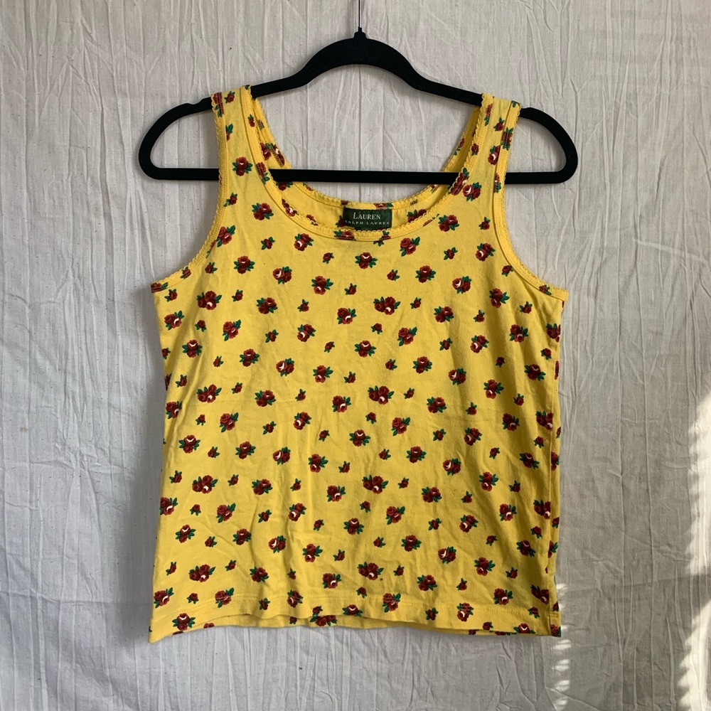 Ralph Lauren Womens Yellow Floral Roses 100% Cotton Tank Top Size Small
